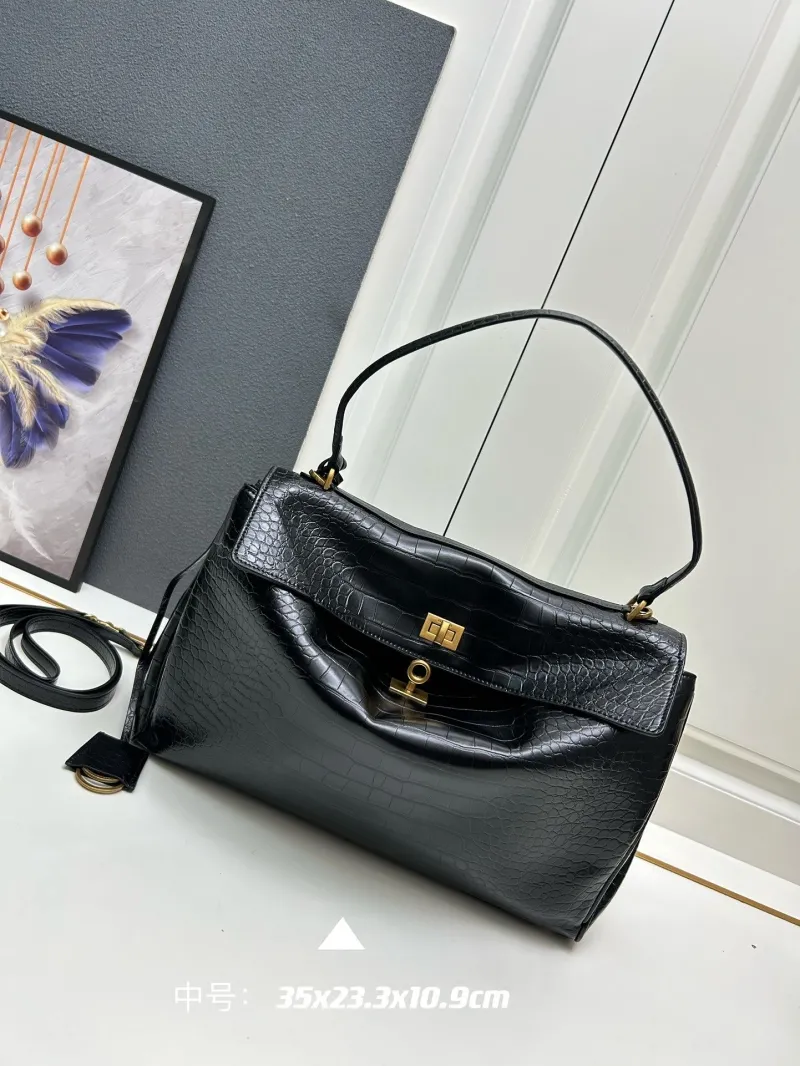 Balenciaga Medium Black Croc Embossed Top Handle Bag - Image 3