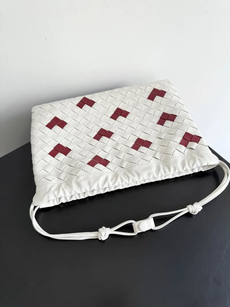 Bottega Veneta White Red Woven Satchel Bag - Image 5