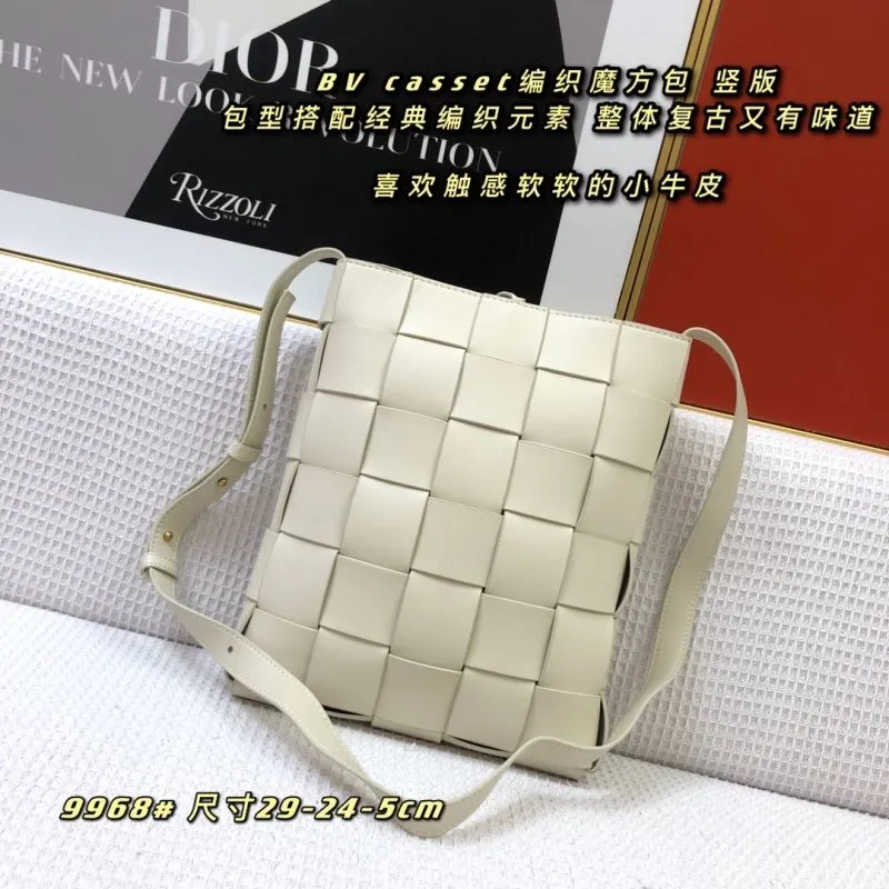 BV Cassette Vertical Woven Leather Satchel Bag Cream 9968