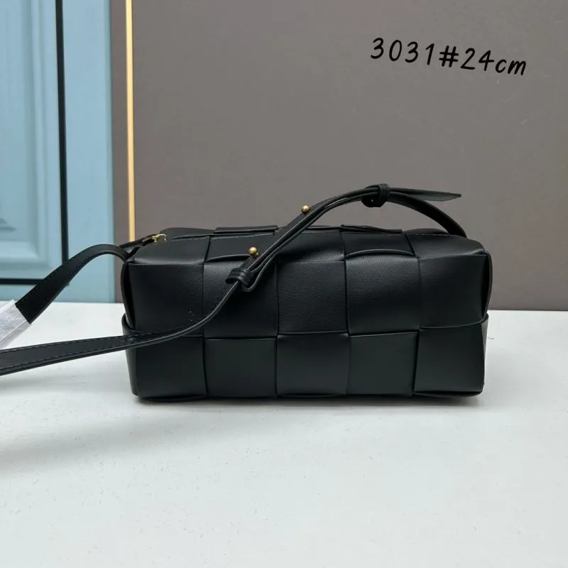 Black BV Woven Leather Crossbody Satchel Bag 24cm