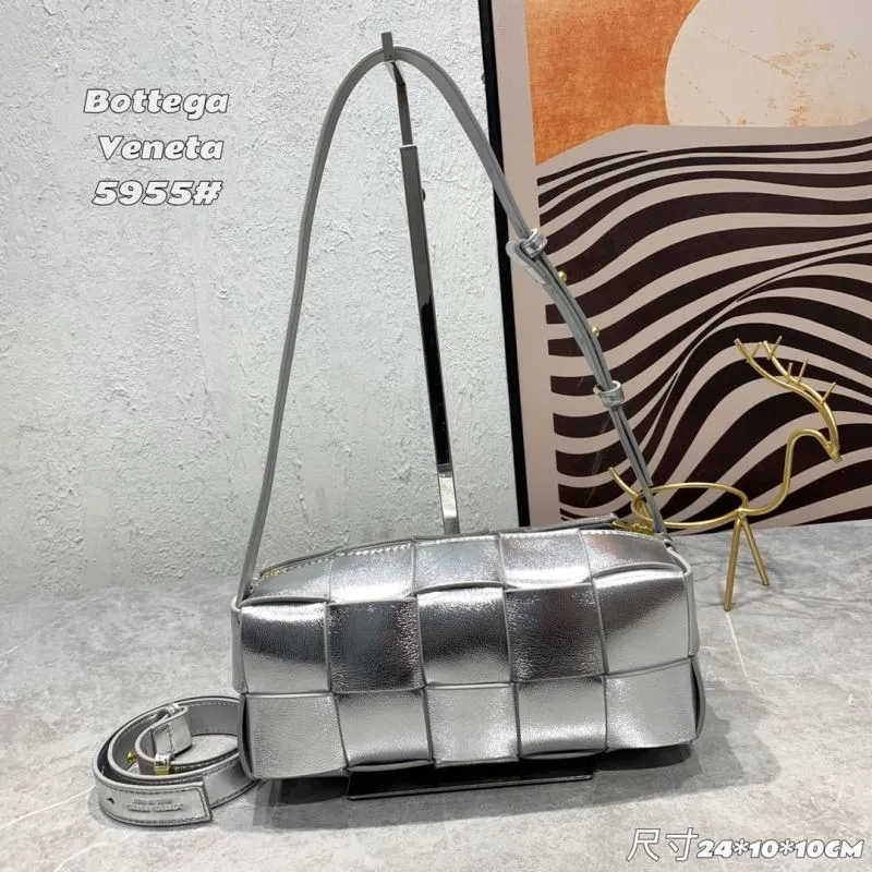 Bottega Veneta Silver Woven Satchel Bag 5955 - Image 3