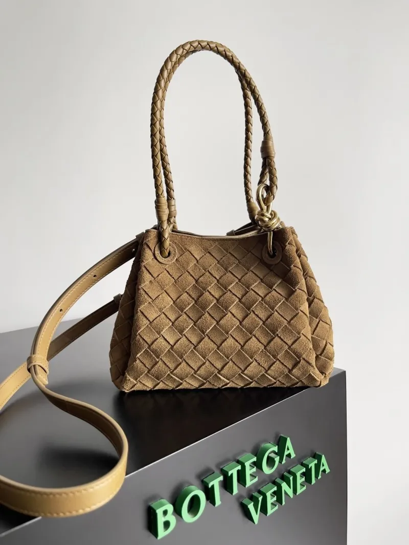 Bottega Veneta Tan Suede Intrecciato Top Handle Crossbody Bag