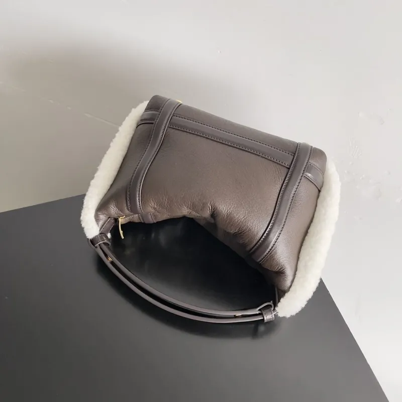 Bottega Veneta Dark Brown Shearling Top Handle Bag 180 - Image 5