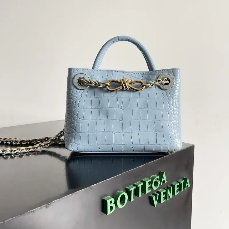 Bottega Veneta Light Blue Crocodile Embossed Chain Handbag