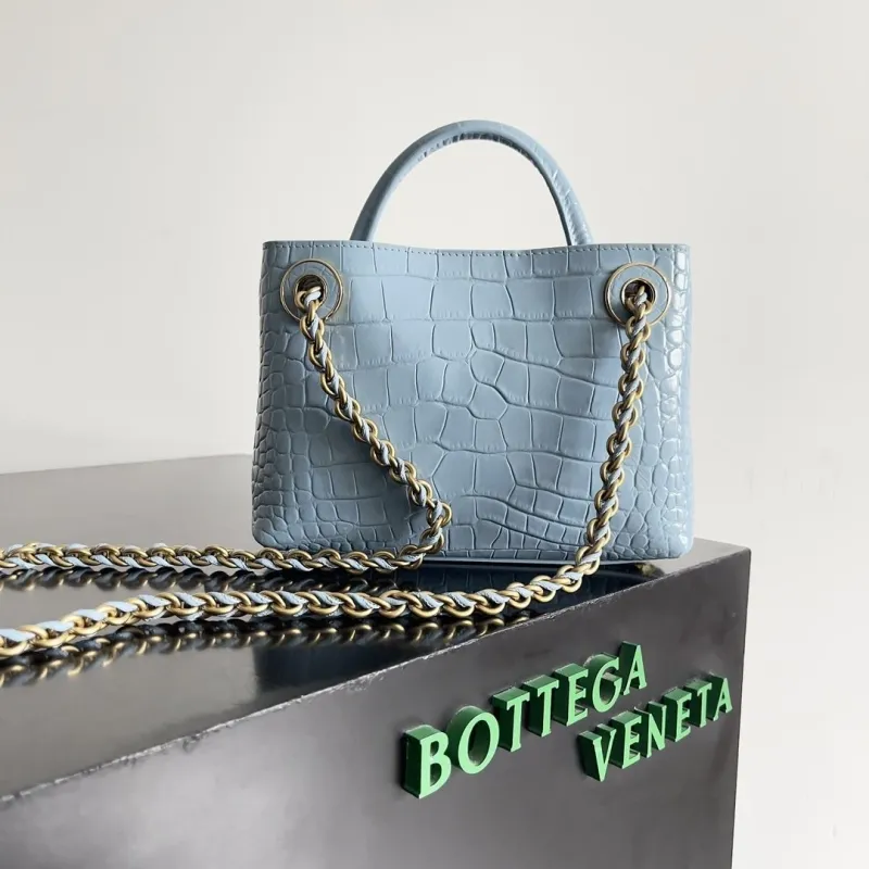 Bottega Veneta Light Blue Crocodile Embossed Chain Handbag - Image 3