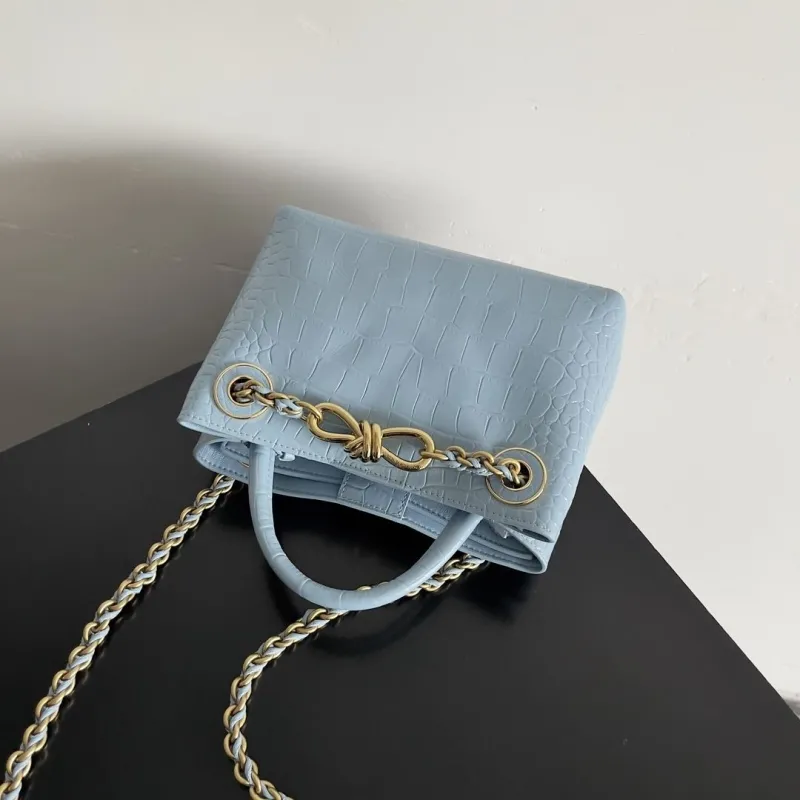Bottega Veneta Light Blue Crocodile Embossed Chain Handbag - Image 6