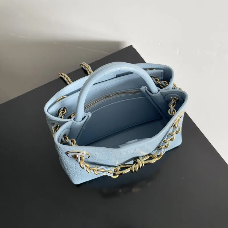 Bottega Veneta Light Blue Crocodile Embossed Chain Handbag - Image 9