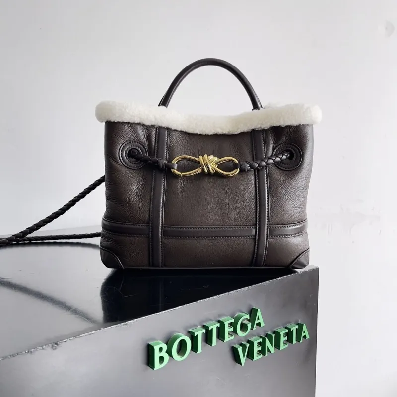 Bottega Veneta Dark Brown Shearling Trim Leather Tote Bag