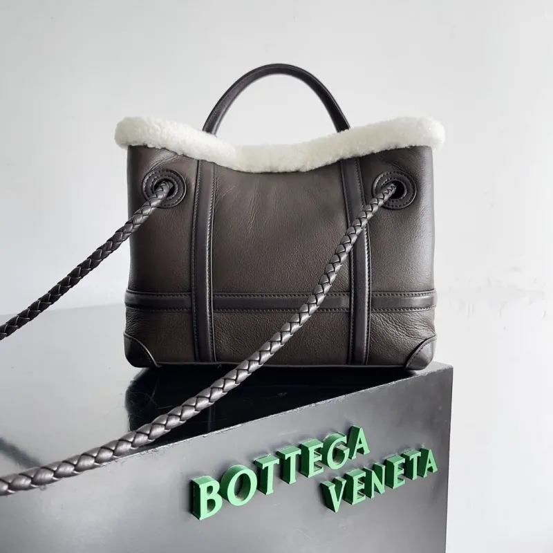 Bottega Veneta Dark Brown Shearling Trim Leather Tote Bag - Image 3