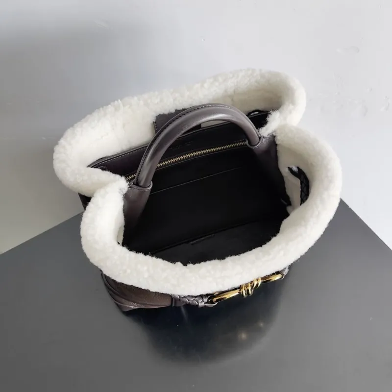 Bottega Veneta Dark Brown Shearling Trim Leather Tote Bag - Image 9