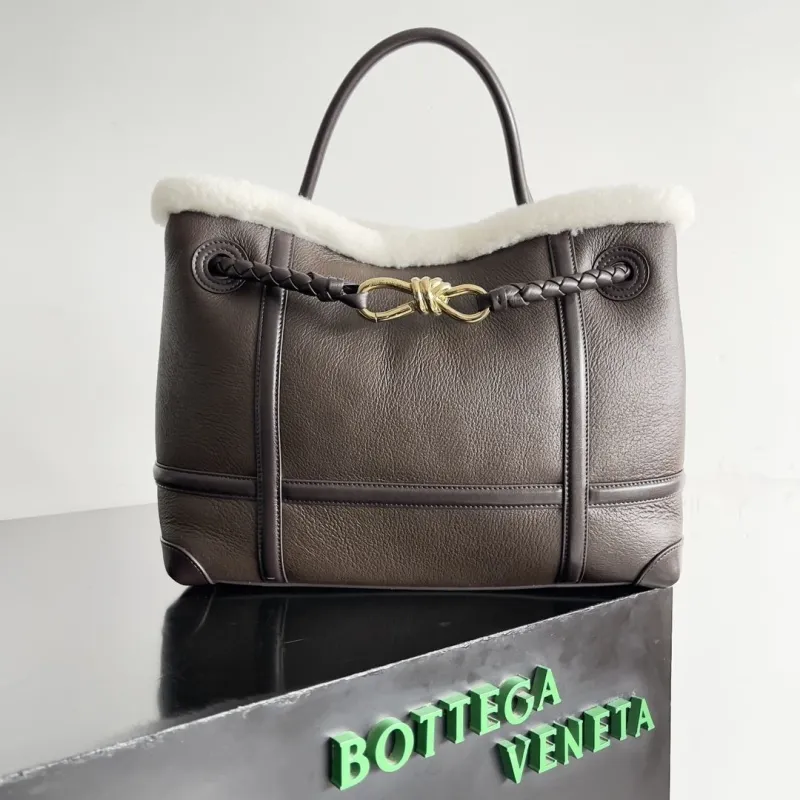 Bottega Veneta Brown Leather Fur Trim Tote Bag 92
