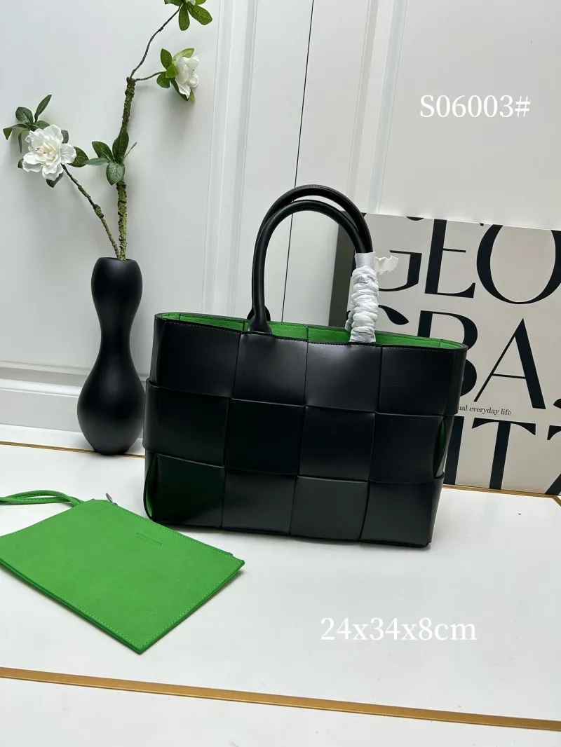 BV S06003 Black Woven Leather Tote Bag with Pouch