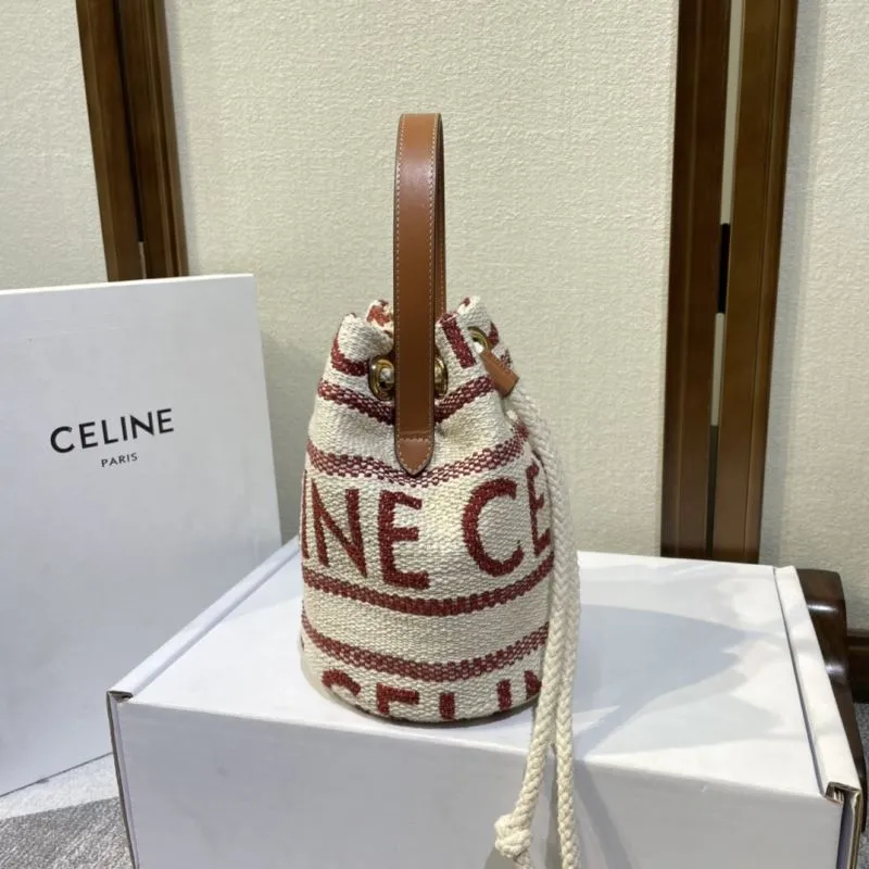 Celine Cream Red Striped Bucket Bag - Image 3