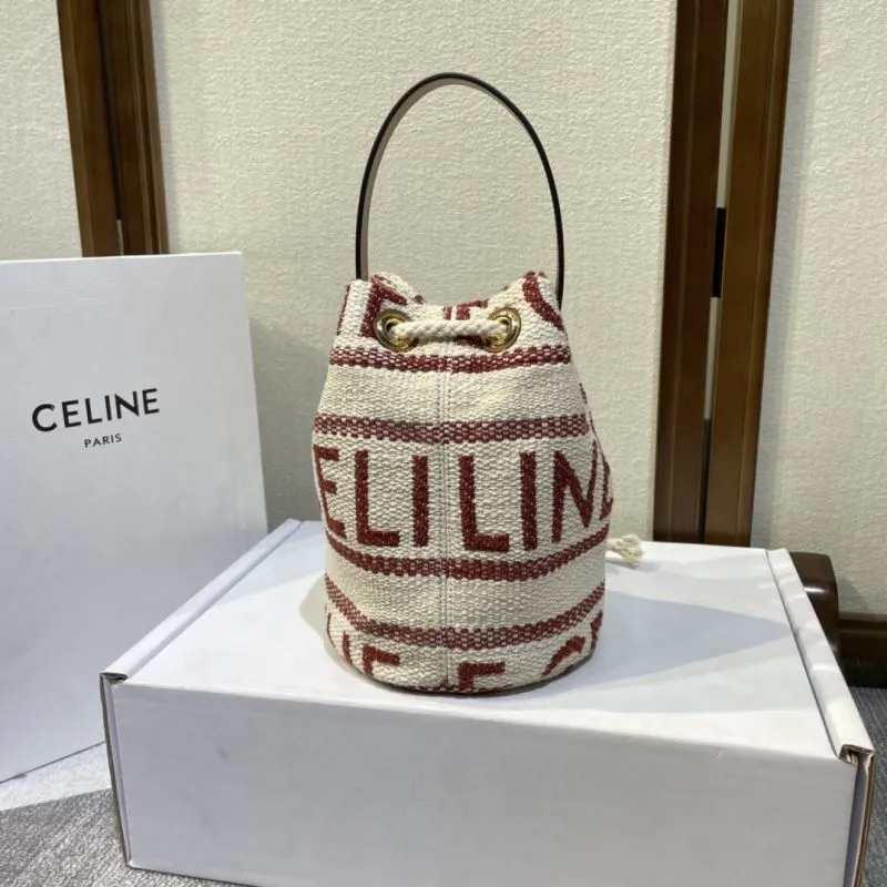 Celine Cream Red Striped Bucket Bag - Image 4