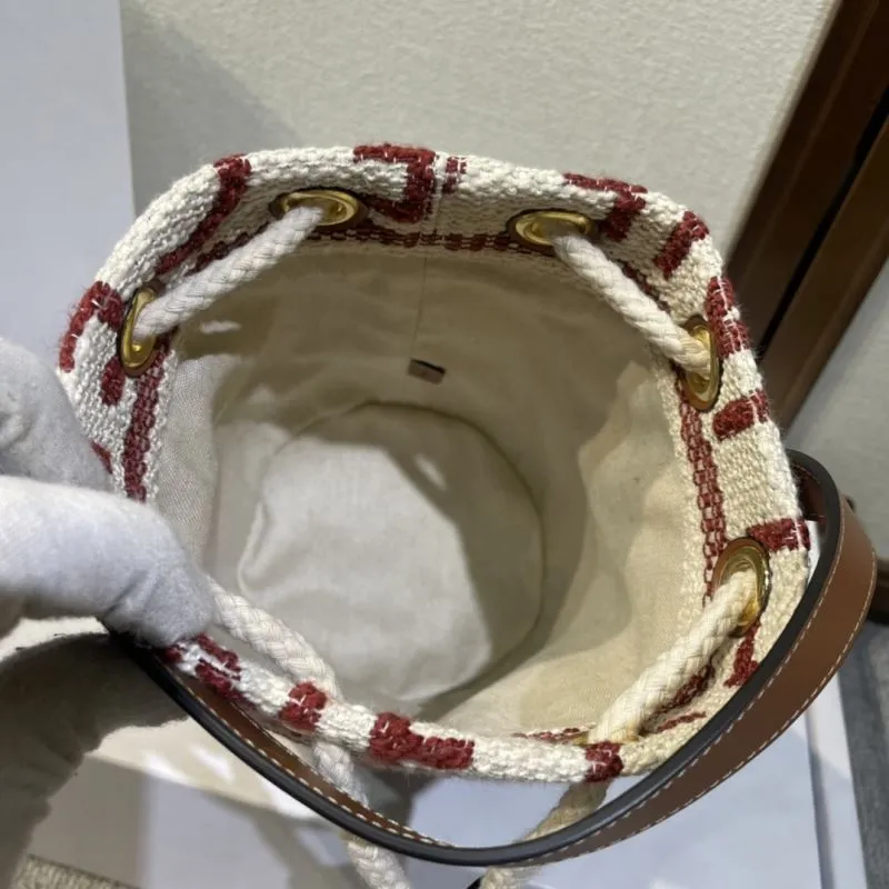 Celine Cream Red Striped Bucket Bag - Image 8