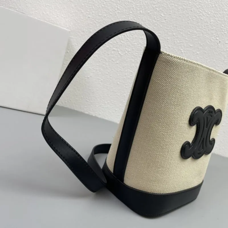 Celine 3053 Beige Black Canvas Bucket Bag - Image 5