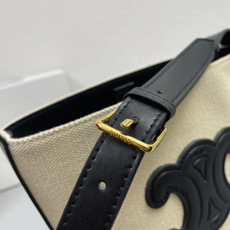 Celine 3053 Beige Black Canvas Bucket Bag - Image 6