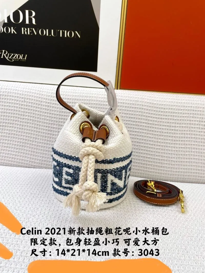 Celine White Blue Small Drawstring Bucket Bag 3043