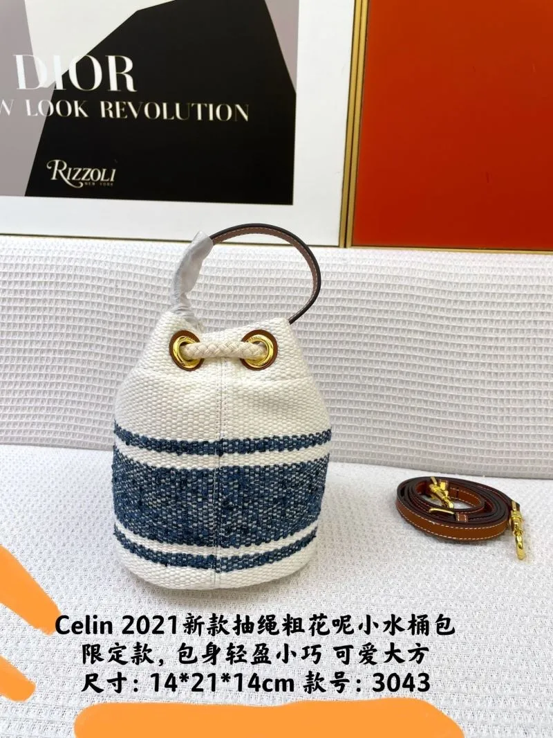 Celine White Blue Small Drawstring Bucket Bag 3043 - Image 3