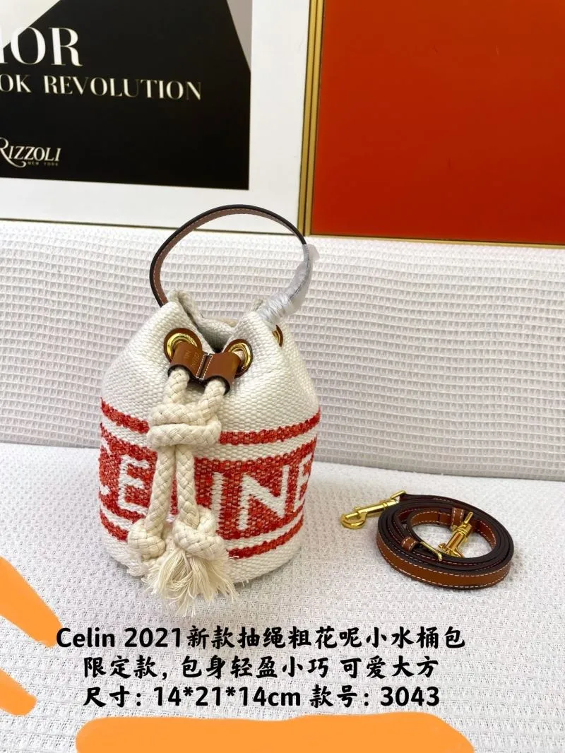 Celine 2021 Tweed Small Bucket Bag White Red