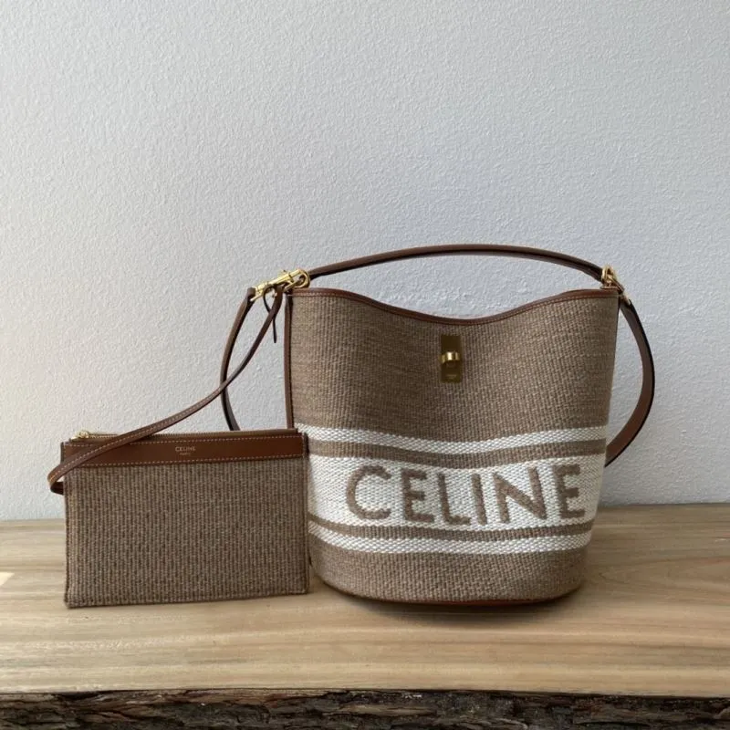 Celine Woven Canvas Bucket Bag with Pouch