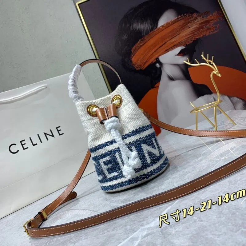 Celine White Blue Bucket Bag 14-21-14 cm