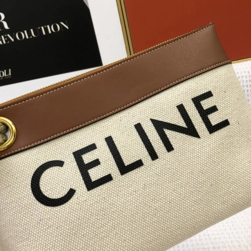 Celine Beige Canvas Brown Leather Wristlet Clutch 5012 - Image 4