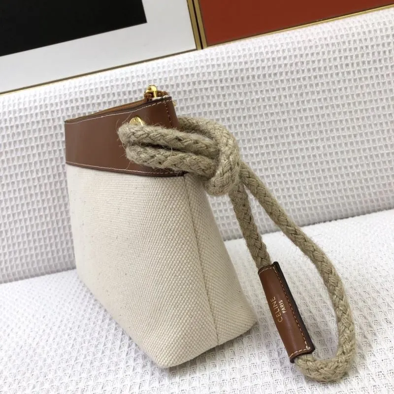 Celine Beige Canvas Brown Leather Wristlet Clutch 5012 - Image 6