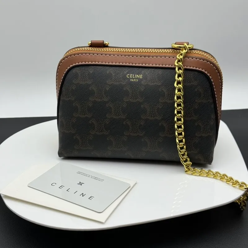 Celine Brown Monogram Chain Crossbody Satchel Bag
