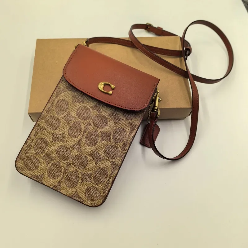 Coach Signature Tan Brown Crossbody Phone Bag