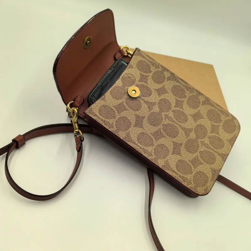 Coach Signature Tan Brown Crossbody Phone Bag - Image 5