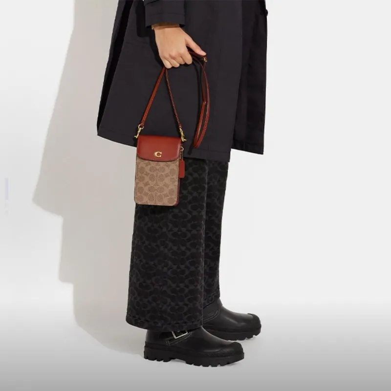 Coach Signature Tan Brown Crossbody Phone Bag - Image 8