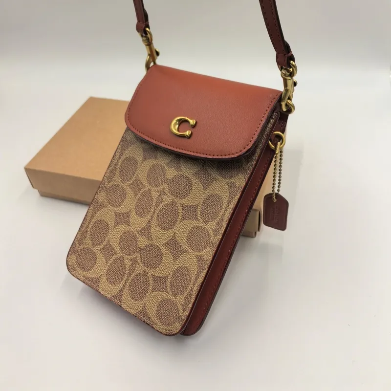 Coach Signature Tan Brown Crossbody Phone Bag - Image 9