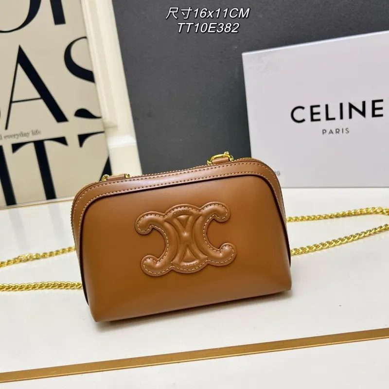 Celine Brown Leather Chain Crossbody Bag TT10E382