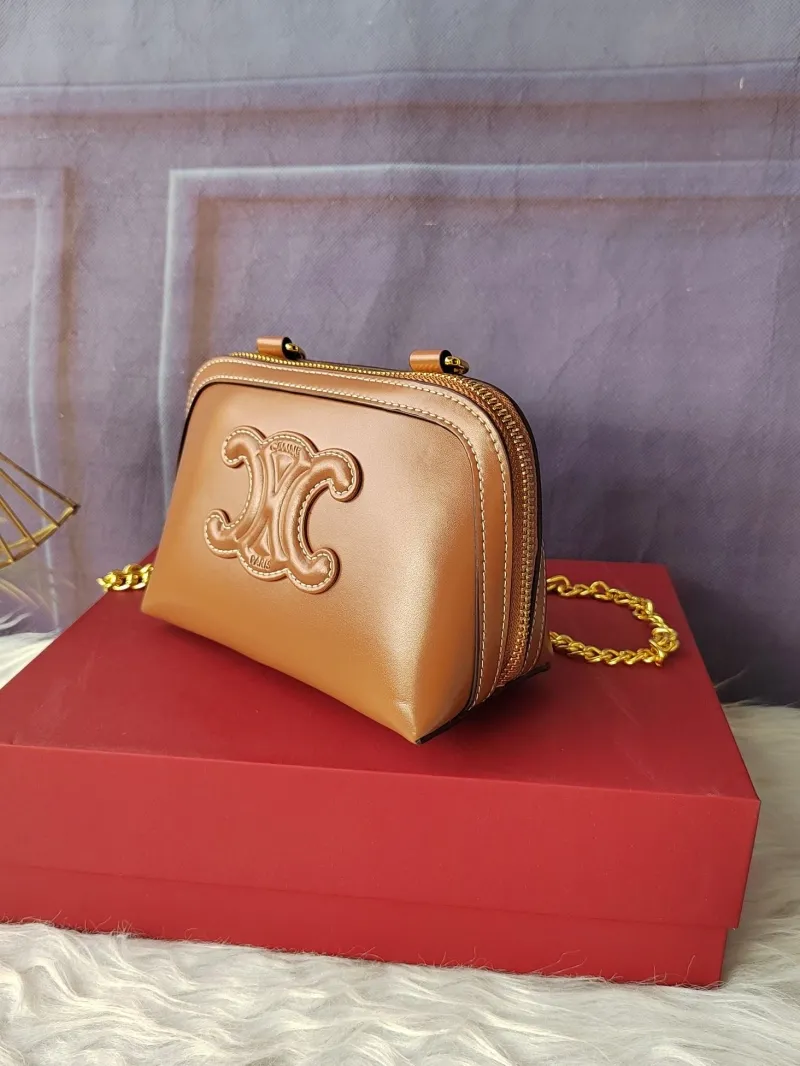 Celine Tan Leather Chain Crossbody Satchel Bag - Image 3
