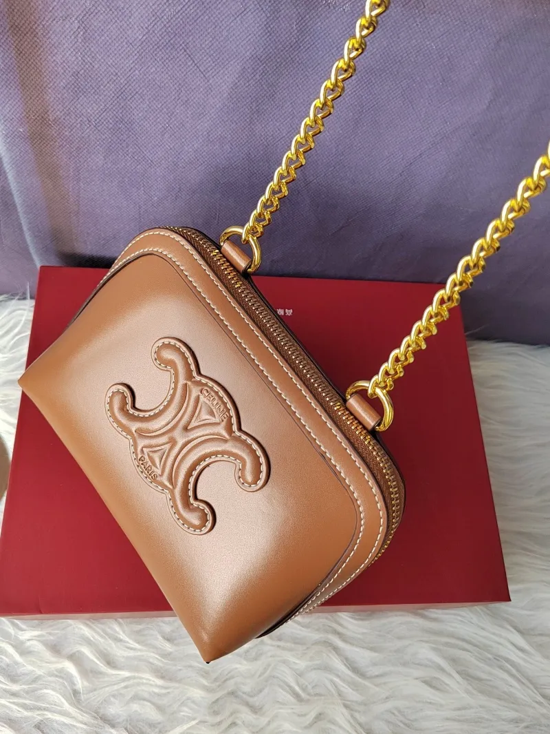 Celine Tan Leather Chain Crossbody Satchel Bag - Image 5