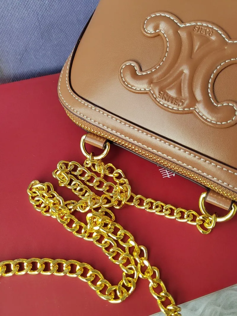 Celine Tan Leather Chain Crossbody Satchel Bag - Image 7
