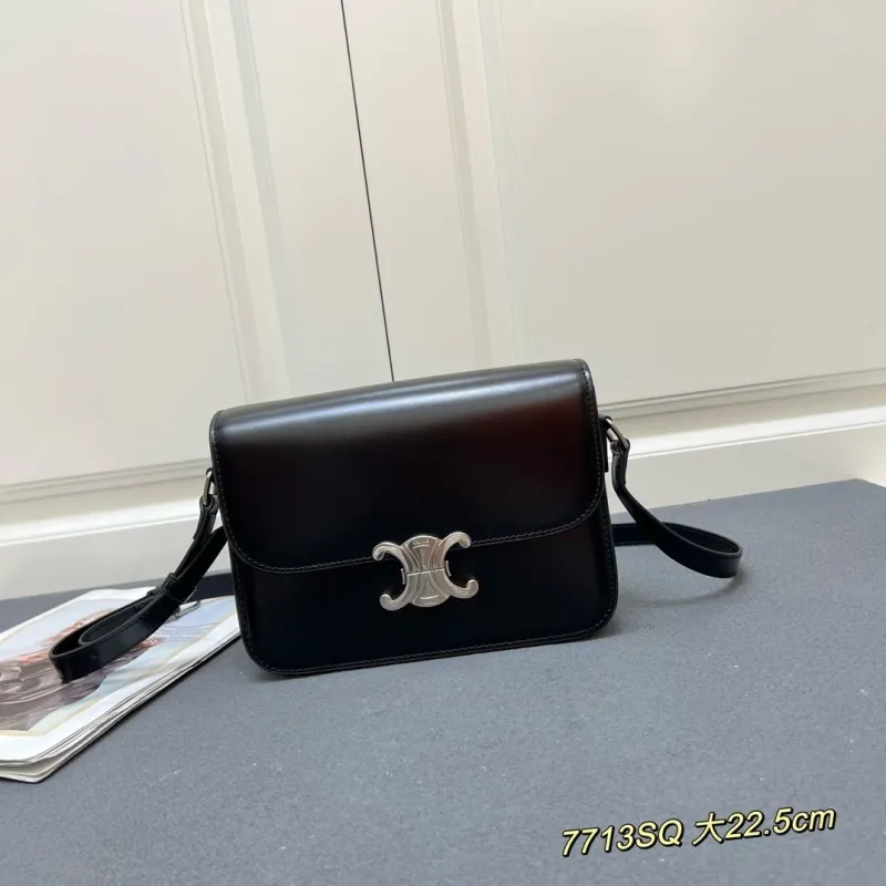 Celine Black Leather Crossbody Satchel Bag 7713SQ 22.5cm