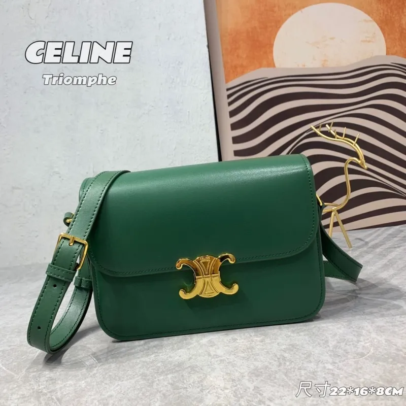 Celine Triomphe Green Leather Satchel Crossbody Bag