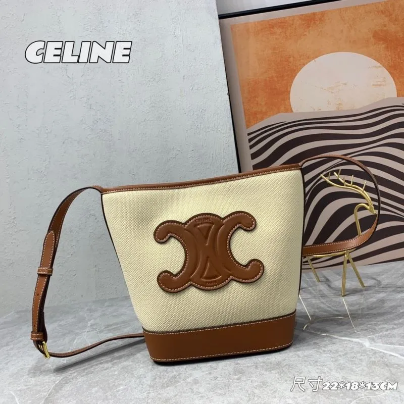 Celine Beige and Brown Canvas Bucket Crossbody Bag