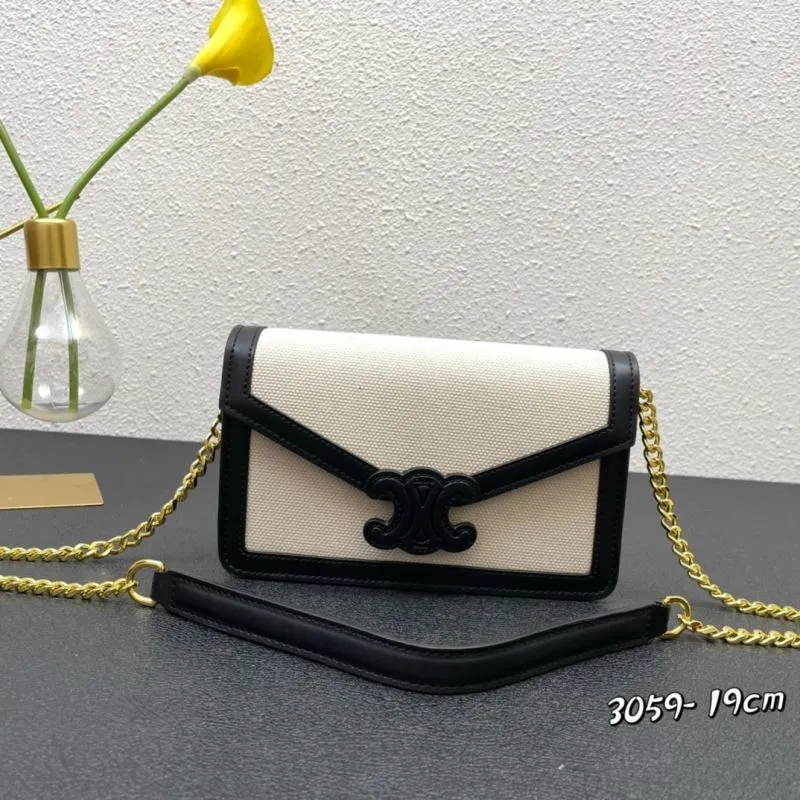 Celine 3059 Beige Black Chain Crossbody Satchel Bag