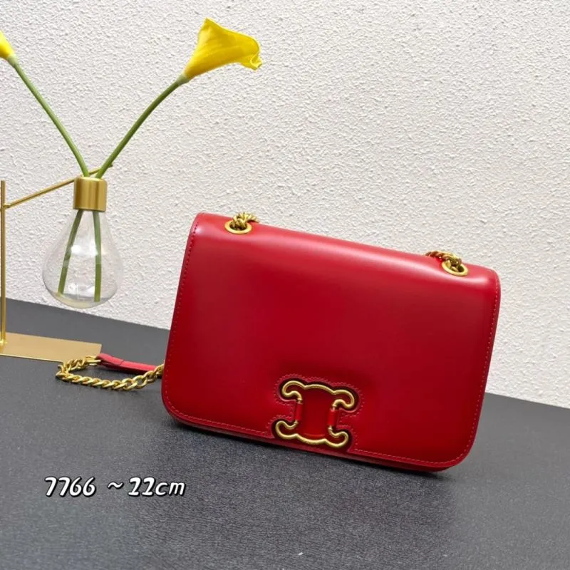 Celine Red Leather Chain Satchel Bag 7766 22cm