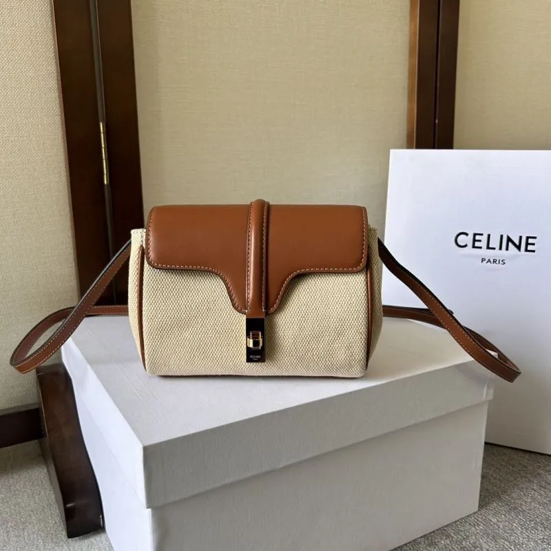Celine Beige Brown Canvas Leather Crossbody Satchel Bag 281