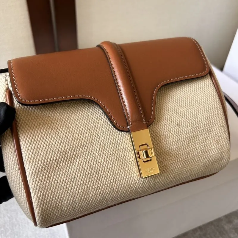 Celine Beige Brown Canvas Leather Crossbody Satchel Bag 281 - Image 5