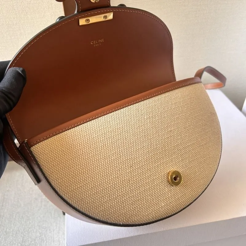 Celine Beige Brown Canvas Leather Saddle Crossbody Bag 286 - Image 6