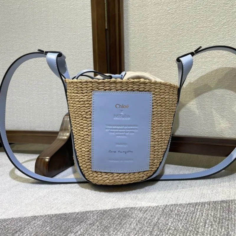 Chloe x Mifuko Straw Bucket Crossbody Bag Light Blue