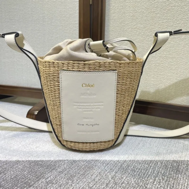 Chloe Beige Woven Raffia Bucket Crossbody Bag