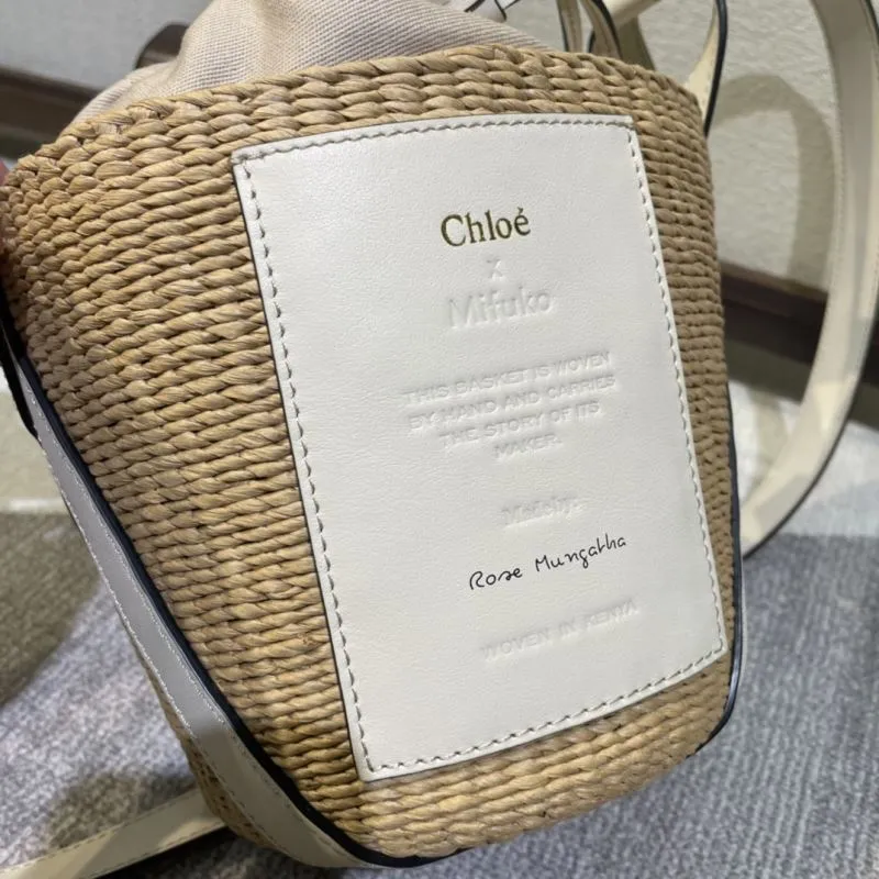 Chloe Beige Woven Raffia Bucket Crossbody Bag - Image 5