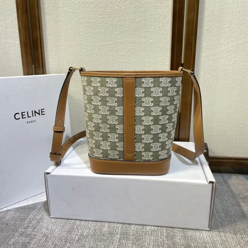 Celine Triomphe Canvas Bucket Bag Green Brown Crossbody