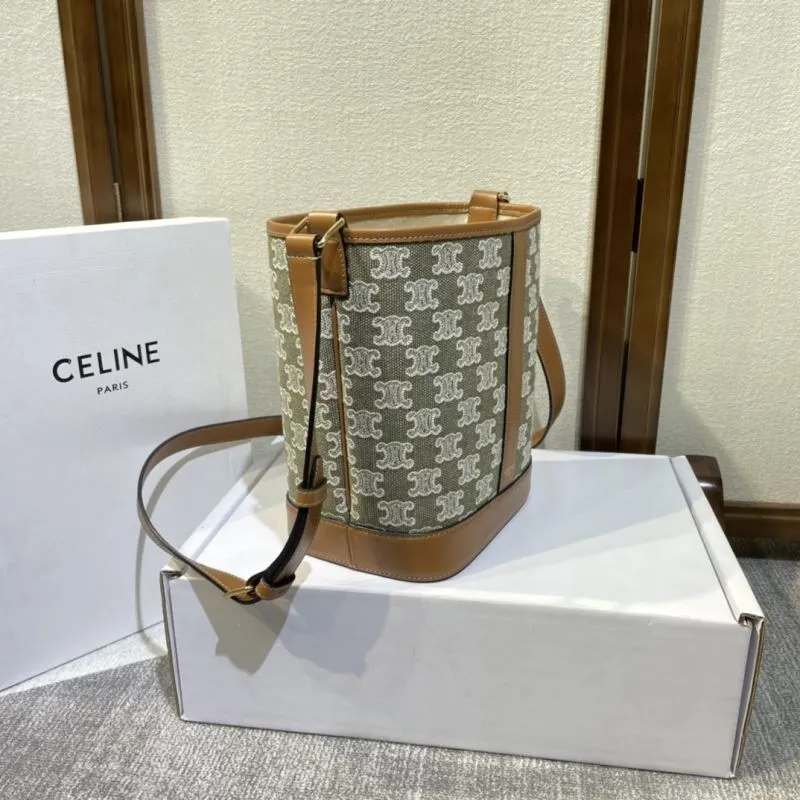 Alternative view of Celine Triomphe Canvas Bucket Bag Green Brown Crossbody